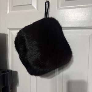 Mink Fur Muff Hand Warmer Rich Dark Brown Color Satin Lining & Wristlet